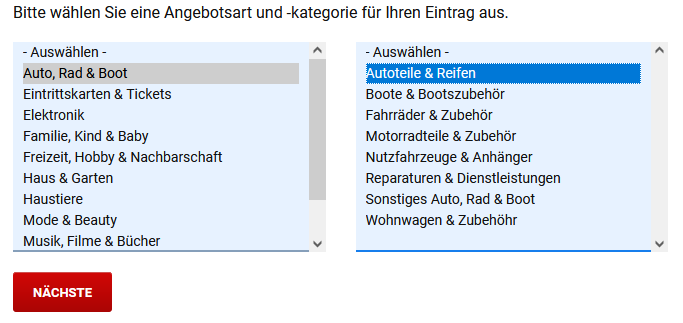 Auswahl der Subkategorie für Kleinanzeigen